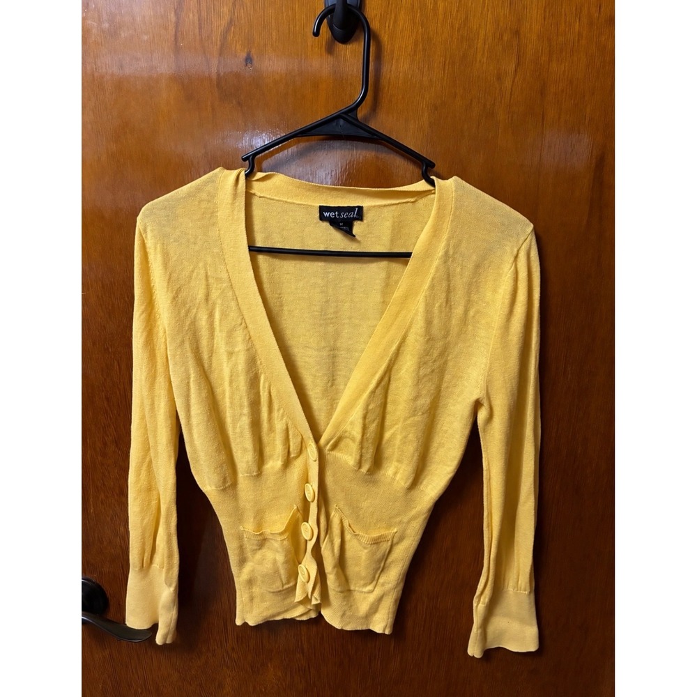Wet Seal Cardigan Womens Medium Yellow Cropped V-Neck Knit Y2K Preppy